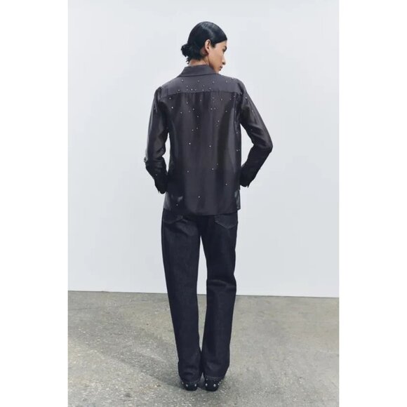 Zara Womens Button Up Shirt Top XS Dark Grey Rhinestone Jewel 4786/257/922 NWT - Picture 3 of 16
